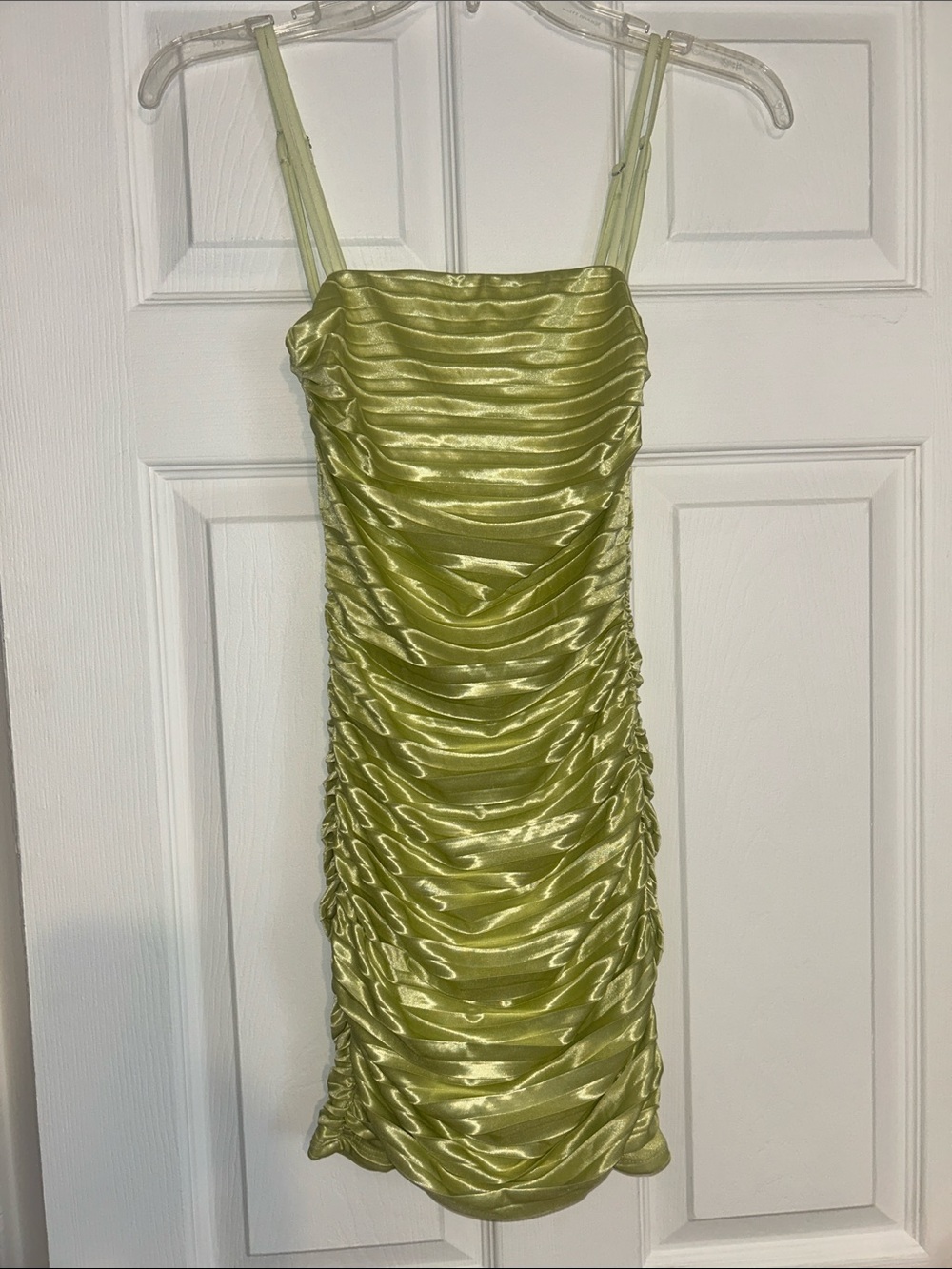 Mini Satin Ruched Slip Dress in Lime